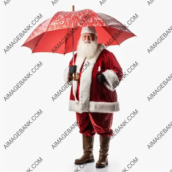 Santa Claus in Full-Body View with an Umbrella