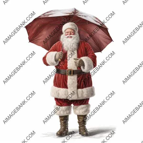 Full-Body View of Santa with an Umbrella in Photorealistic Style