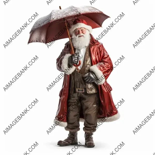 Santa Claus in Full-Body View with an Umbrella