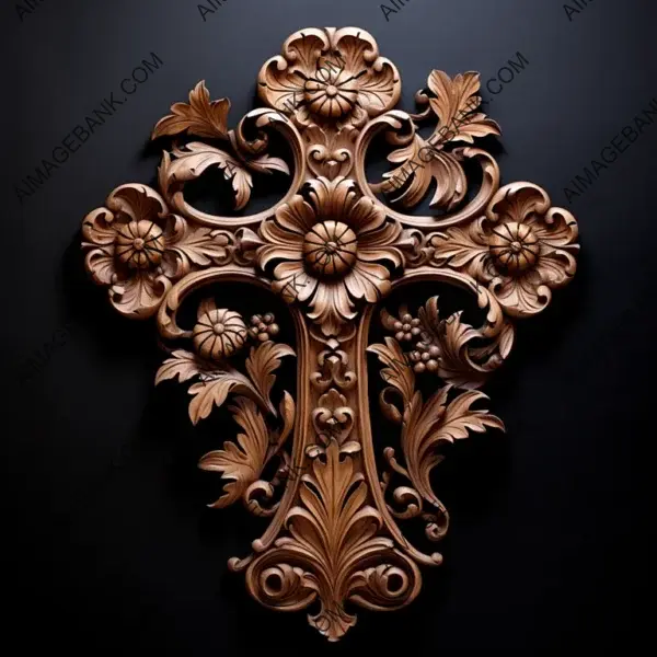 Ornate Christian Cross with Flowers in Wood Carving