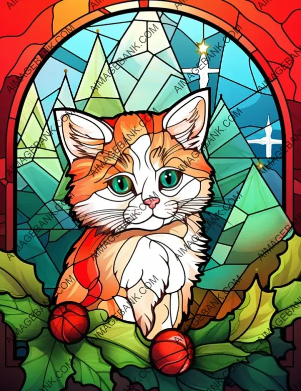 Stained Glass Style Christmas Kitten