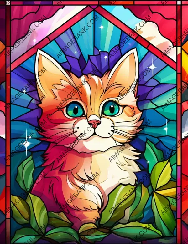 Bright Stained Glass Style Christmas Kitten