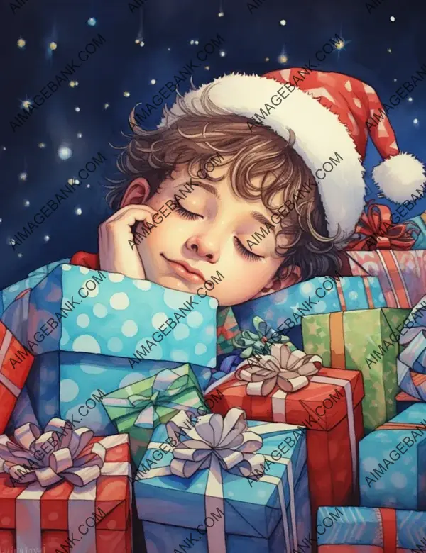 Colorful Colored Pencil Drawing of a Boy Dreaming of Christmas Presents