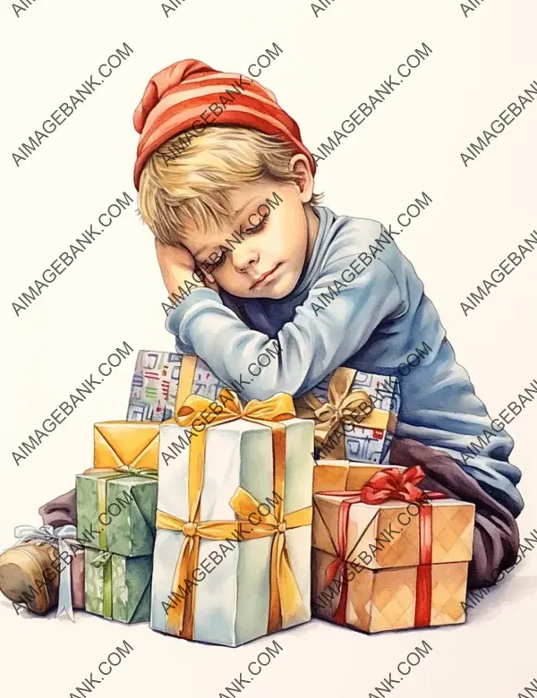 Bright Colored Pencil Drawing of a Boy Dreaming of Christmas Presents