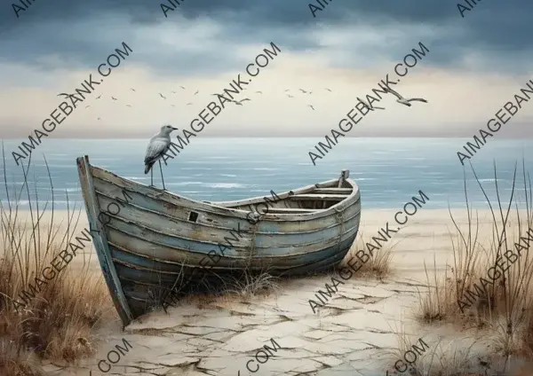 Wooden Boat and Seagulls &#8211; Artistic Painting