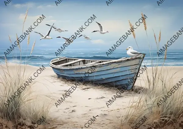 Scenic Wooden Boat Painting &#8211; Coastal Birds