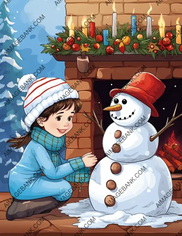 Festive Fireplace Drawing with Girl &#8211; Holiday Art