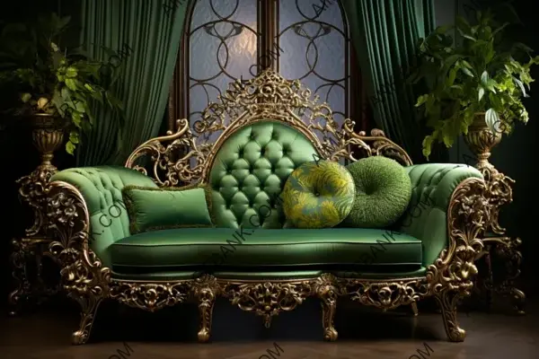 Experience the Luxurious Comfort of an Opulent Green Couch with Ornate Accents