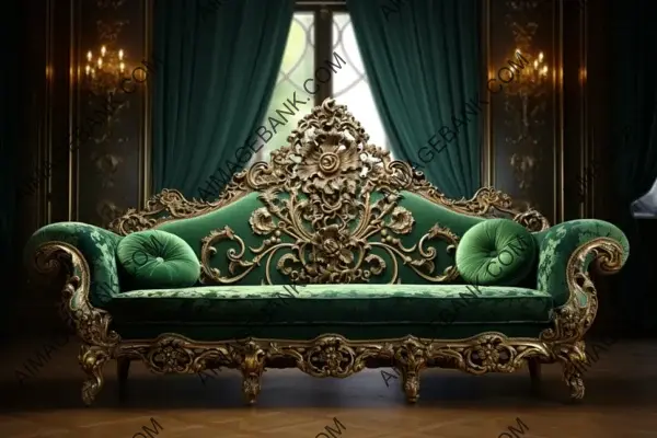 Immerse Yourself in Opulence with a Green Couch Featuring Ornate Details