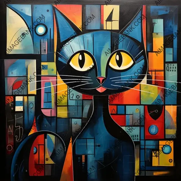 Abstract Art of a Blue Cat with Vibrant Primary Colors