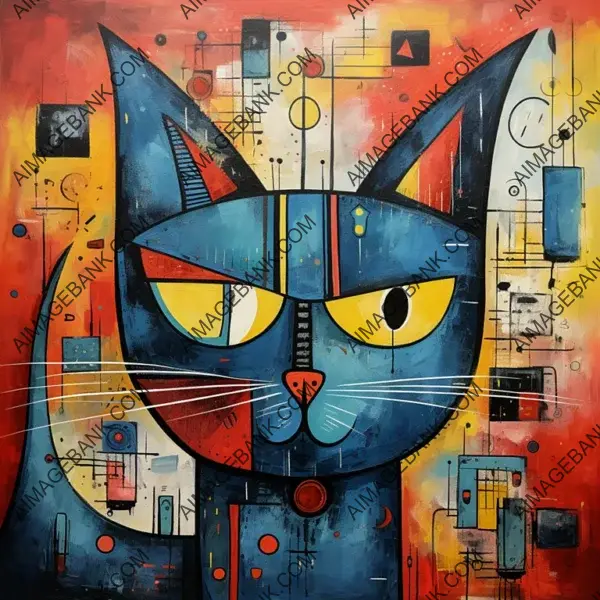 Vibrant Primary Colors in an Abstract Blue Cat Artwork