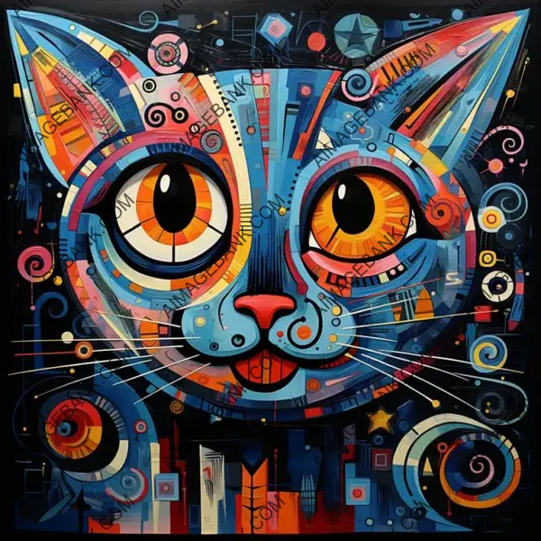 Abstract Blue Cat Artwork with Bold Primary Colors