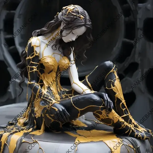 Kintsugi-Marbled Statue of a Woman in an Exotic Pose near Water