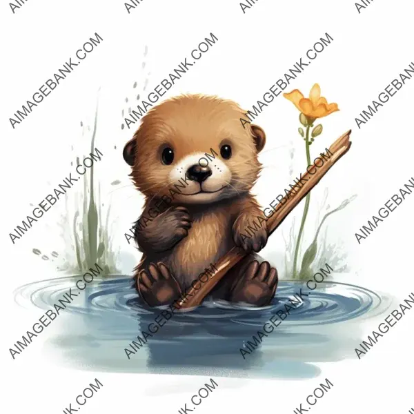 Cute Baby Otter on White Background