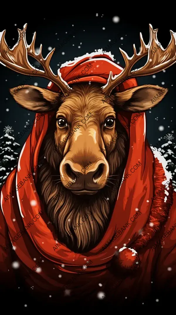 Holiday Moose with Santa Hat and Scarf Mobile Wallpaper