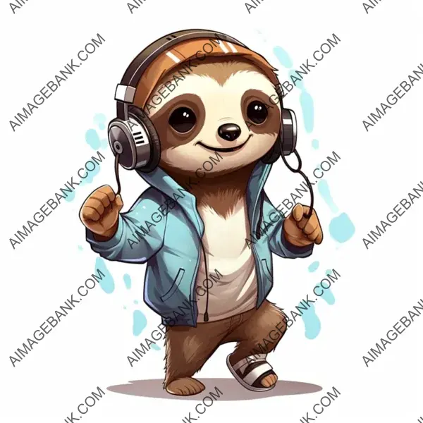 Sloth Tattoo in a Tranquil Mood with Headphones