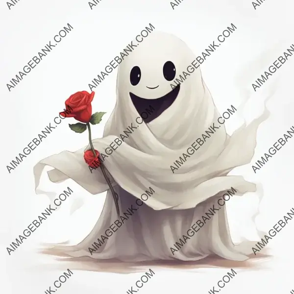 White Tattoo of a Cute Blanket Ghost Holding a Red Rose