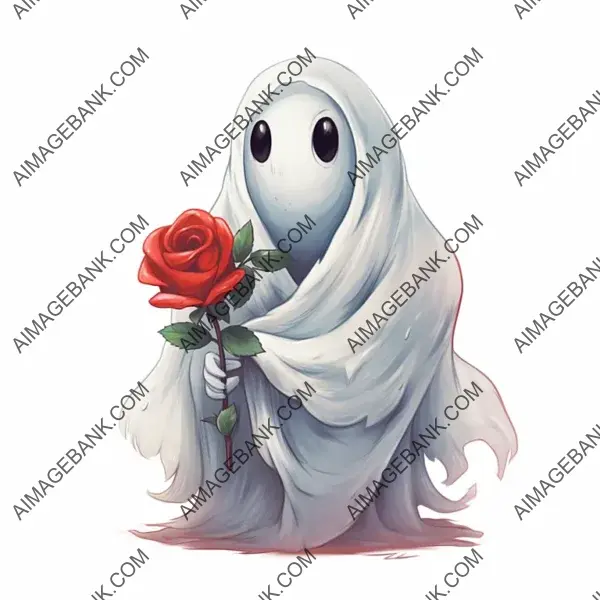 Cute Ghost Tattoo Wrapped in a Blanket Holding a Red Rose