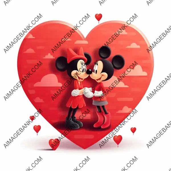 Mickey and Minnie Mouse Kissing Underneath a Giant Red Heart