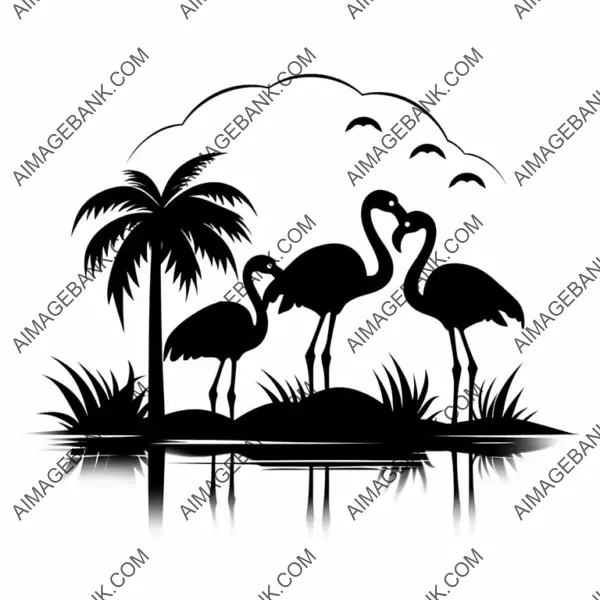 Silhouette of Three Flamingo Birds.