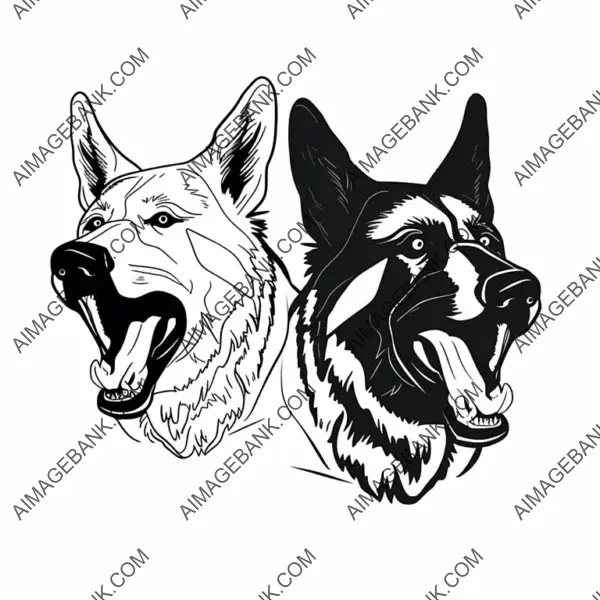 Black Outlines of Two Angry Barking German Shepherds.