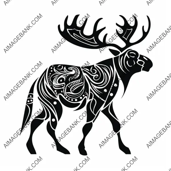 Decorated Tribal Moose Tattoo in Black and White.