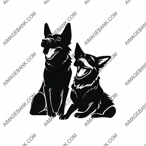 Two Barking German Shepherds Silhouette Tattoo in Black and White.