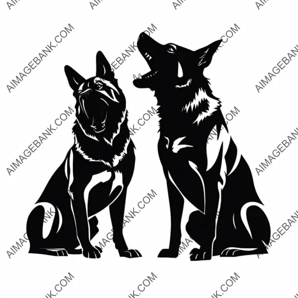 Tattoo Design of Two Barking German Shepherds with White Background.