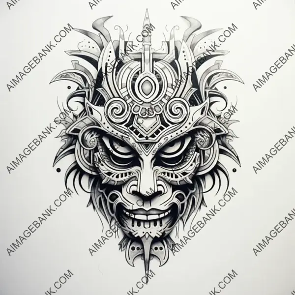 Monochrome Evil Cosmic Tribal Mask Tattoo Design.