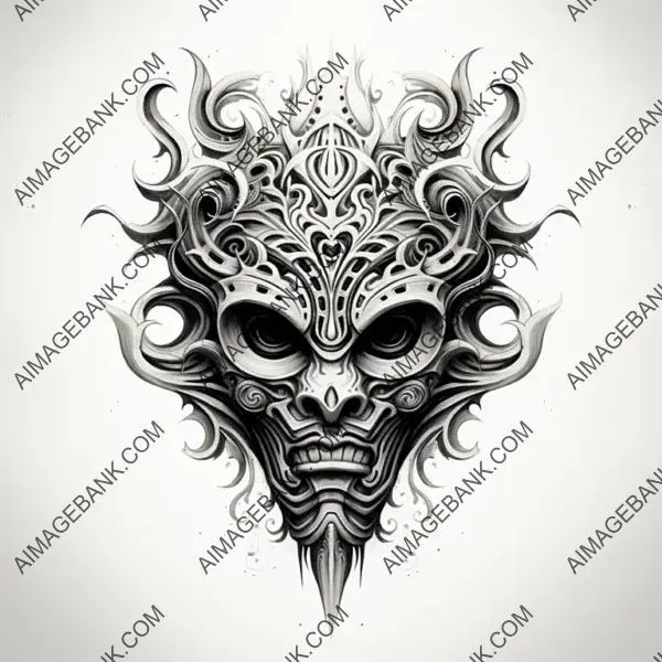 Tattoo Design of an Evil Cosmic Tribal Mask in Monochrome.