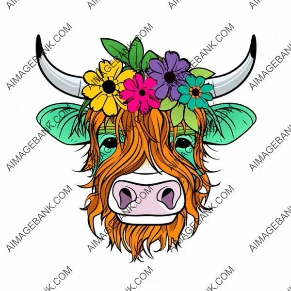 Highland Cow with Flower Crown Vector in Plain Bright Design.