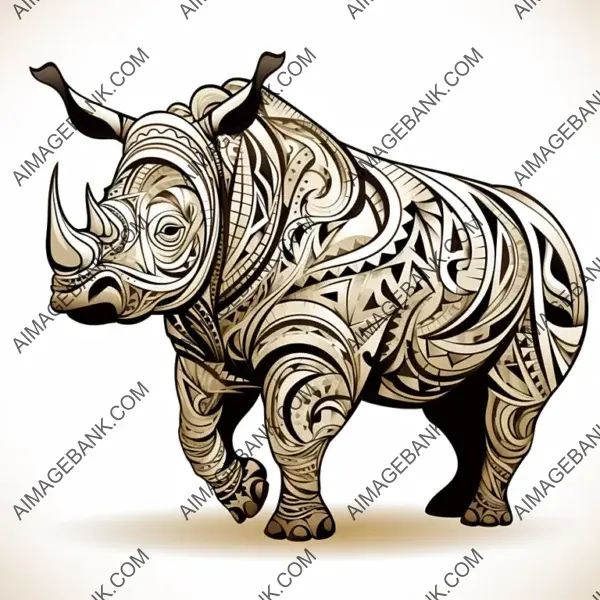 Rhino Figure Shape Design on Maori Drawn Background with White Base.