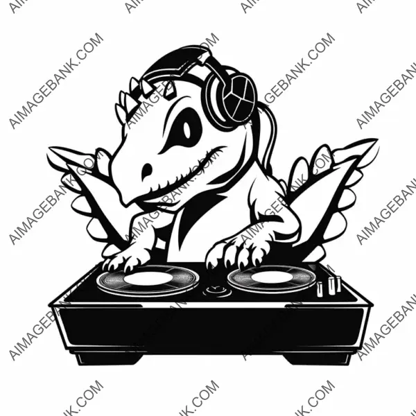 Silhouette of a Mascot &#8211; Cute Dinosaur as a DJ.