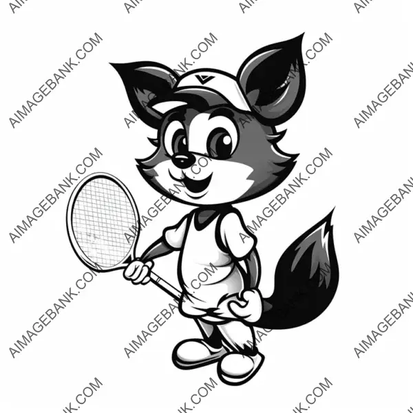 Full-Body Silhouette of Cute Happy Fox Mascots Playing Tennis.