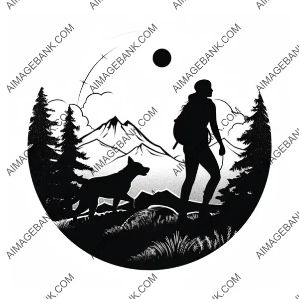 Vector Silhouette of a Woman Hiking with a Dog in the Mountains.