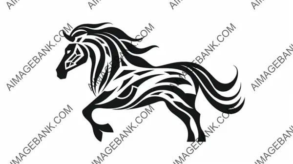 Black and White Tribal Horse Line Art Tattoo Design.