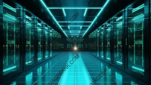 Symmetrical High-Tech Teal Server Room in Low Light