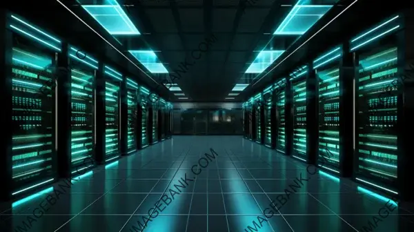 Low-Light Cinematic View of Symmetrical Teal Server Room