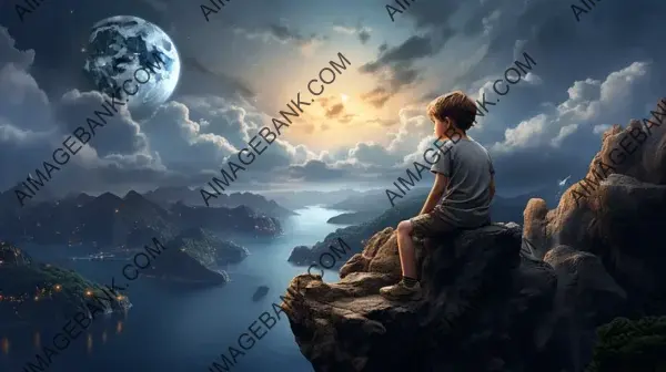 Beautiful Moon Near the Sea with a Boy Sitting on a Mountain