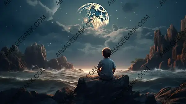 Scenic View of the Moon, Sea, and a Boy on a Mountain