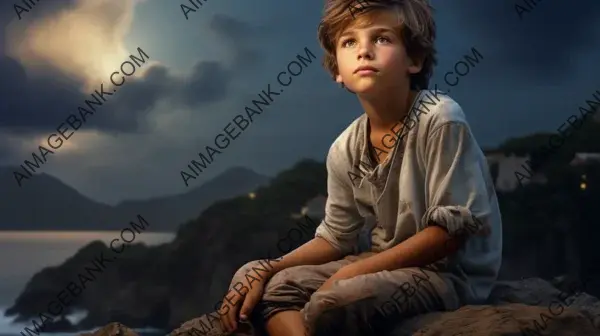 Moonlit Night by the Sea with a Boy on a Mountain