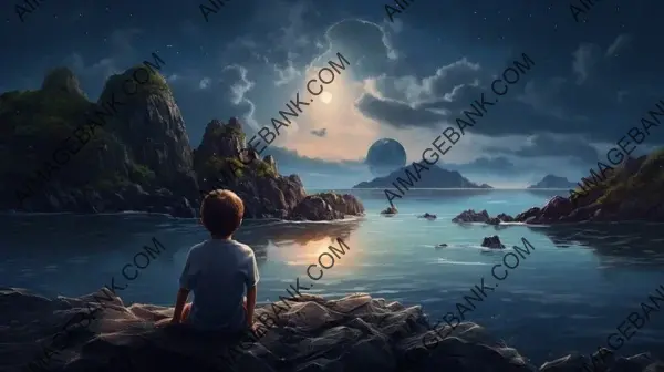 Stunning Moonrise with a Boy Admiring from a Mountain