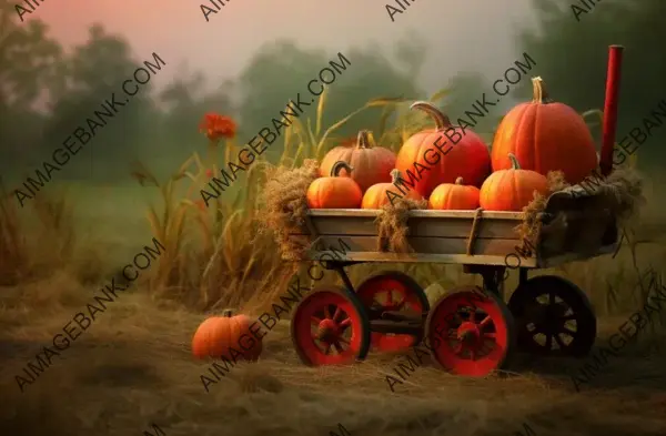 Cute Wooden Red Cart with Pumpkins in Grass