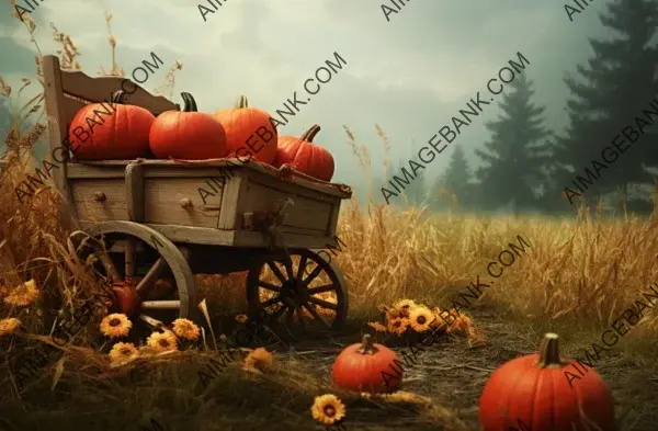 Adorable Wooden Red Cart with Pumpkins on Grass