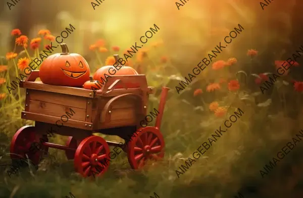 Charming Wooden Cart with Pumpkins in a Grassy Field