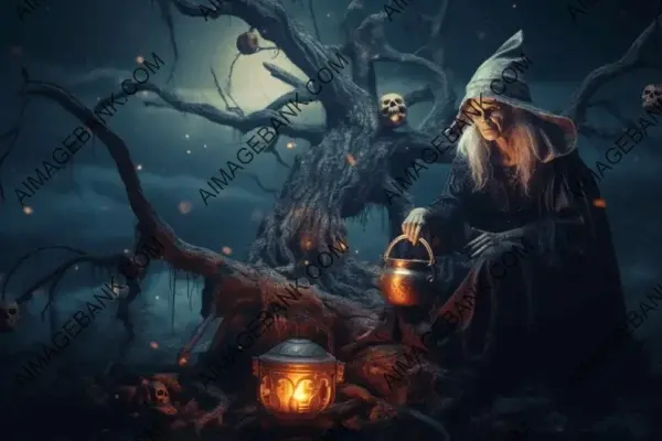 Spooky Halloween Background with Old Witch Casting Magic