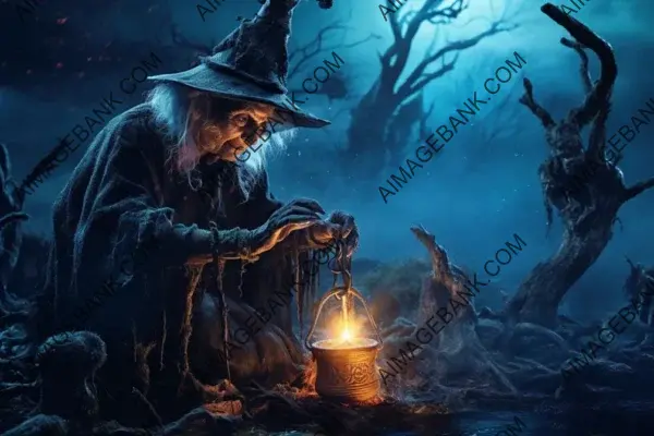 Halloween Magic with Old Witch in Spooky Background