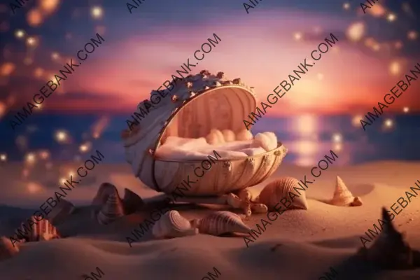 Sunrise Beach Scene with Newborn Bed Shaped like a Shell