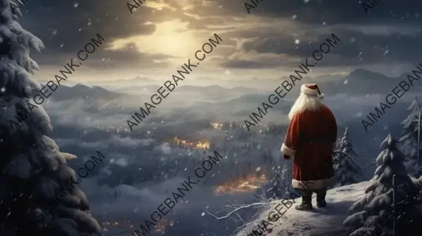 Santa Looking Out Over Forest Valley at Night