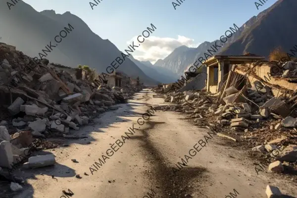 Damaged Road Leading to Majestic Mountains and Ruined Buildings